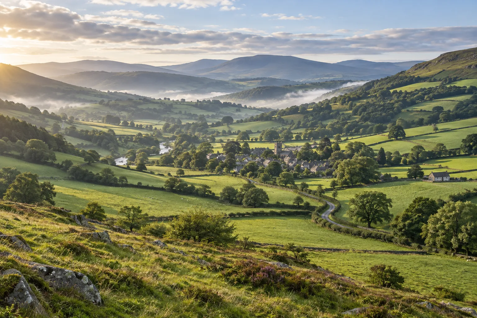 Illustration of rolling Welsh countryside and a village