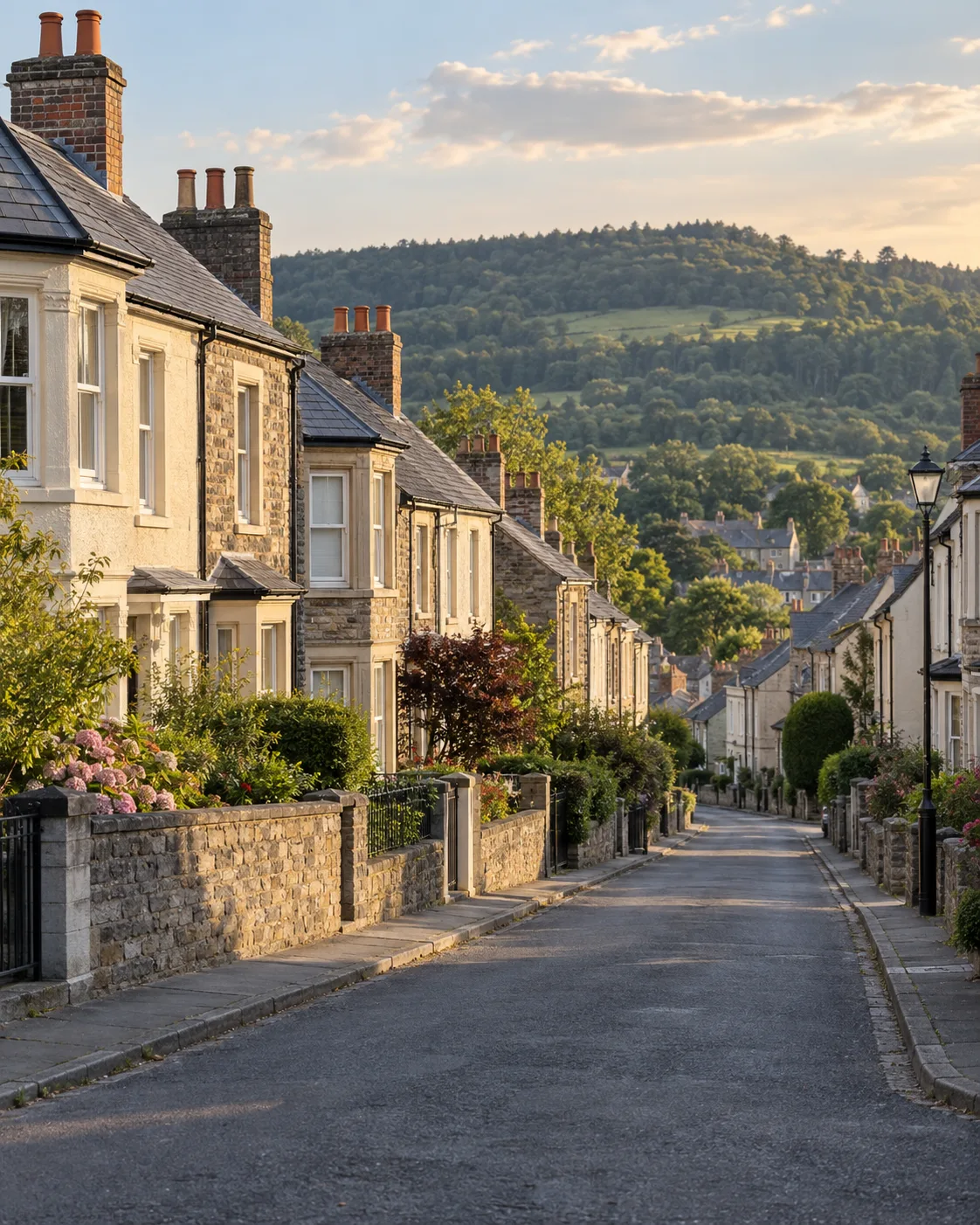 Illustration of a Welsh residential street with slate-roofed homes